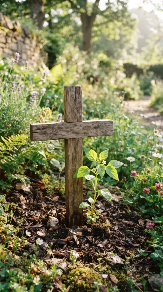 Plant_growing_beside_wooden_cross_