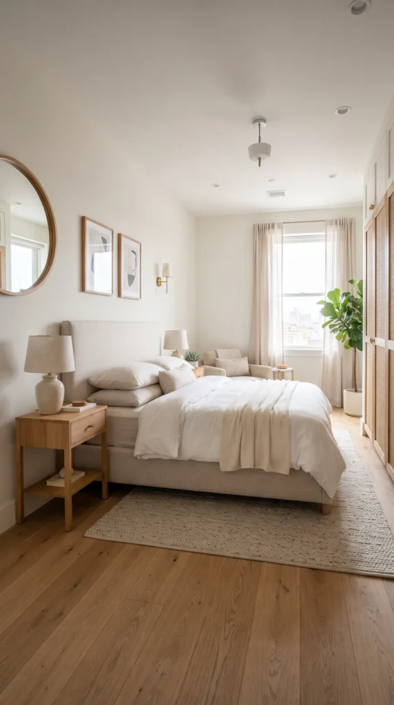 Narrow_bedroom_with_upholstered_bed_
