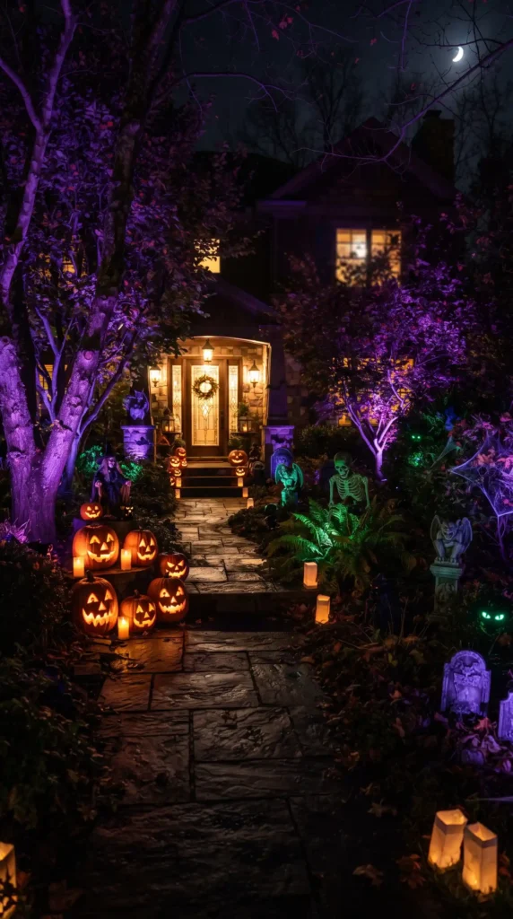 Halloween_yard_with_colored_lights_